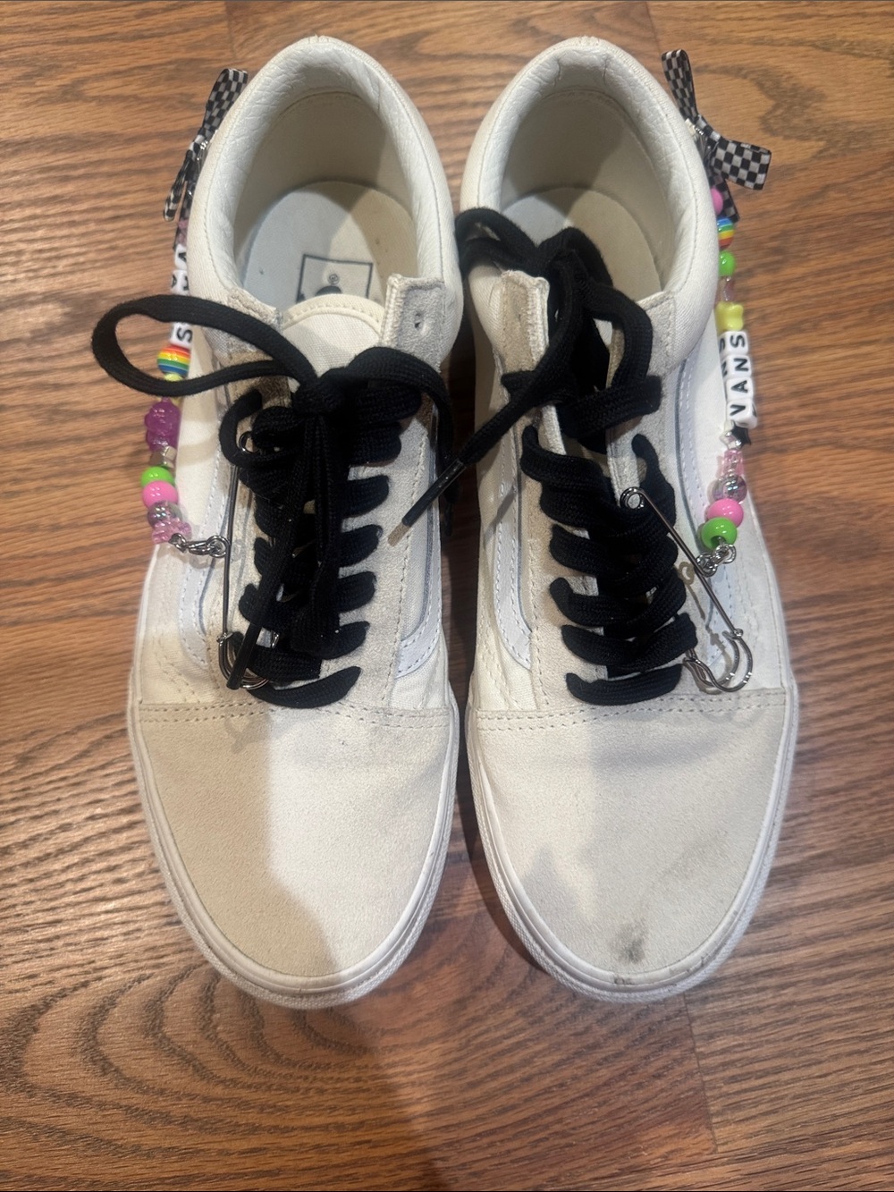 Vans White Canvas Sneakers with Black Laces and Multicolor Bead Charms